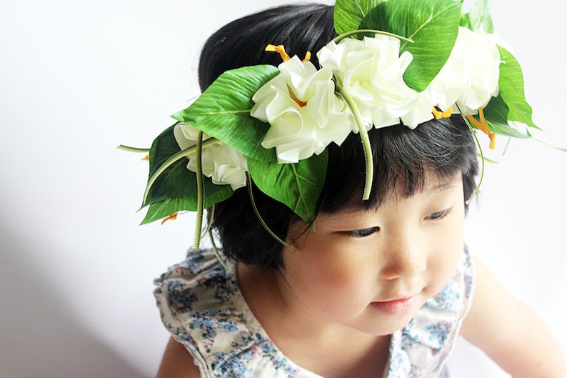 Ribbon lei for hula girls white hibiscus head band B /Hula Accessories/Hula Flowers/Hawaii/hawaiian crown/headband/haku/Flowers Hair Clip/ image 1