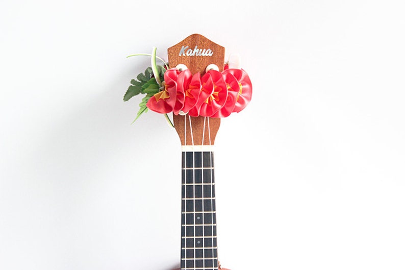 coral red plumeria ukulele lei,ukulele accessories,hawaiian lei,ukulele strap,ribbon lei,hawaiian wedding,tropical flower,floral wristband