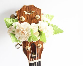 Lei for guitar, white, guitar accessories, musician gifts, guitar gifts, Taylor guitar, guitar strap, Hawaiian lei, ribbon lei,  ukulele,