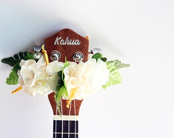 Ukulele lei / white hibiscus, Ukulele gifts, Ribbon leis, Hawaiian crafts, Gift for Ukulele Player, Ukulele Decor, Uke, Ukulele Lover,