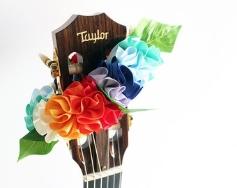 Lei for guitar, rainbow, guitar accessories, musician gifts, guitar gifts, Taylor guitar, guitar strap, Hawaiian lei, ribbon lei, pride