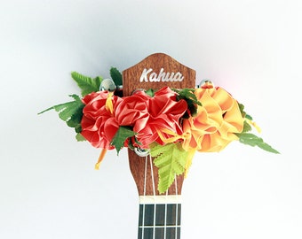 Ukelele lei / oranje hibiscus, Ukelele geschenken, Lint leis, Hawaiian ambachten, Cadeau voor Ukulele Speler, Ukulele Decor, Uke, Ukulele Lover,