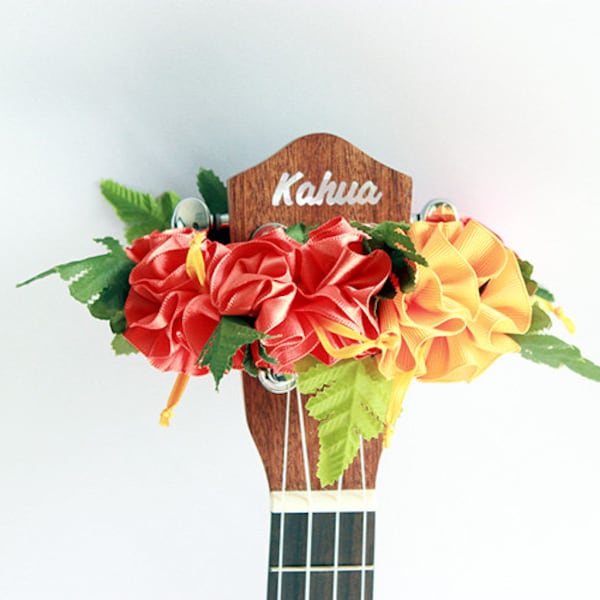 Ukulele lei / orange hibiscus, Ukulele gifts, Ribbon leis, Hawaiian crafts, Gift for Ukulele Player, Ukulele Decor, Uke, Ukulele Lover,