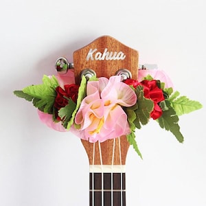Pink organza Hawaiian Hibiscus Ribbon Lei | Unique Uke Flower Accessory | Tropical Ukulele Deco Gift for Player