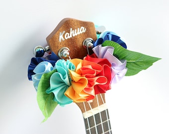 Ukulele lei / rainbow hibiscus, Ukulele gifts, Ribbon leis, Hawaiian crafts, Gift for Ukulele Player, Ukulele Decor, Uke, Ukulele Lover,