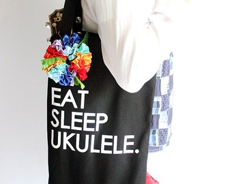 Bolsa de ukelele Eat Sleep | Bolsa de transporte para ukelele | Estuche para ukelele soprano y de concierto | Accesorios para ukelele | Collar de cinta | Regalo para músicos