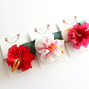 Custom 3-Piece Hibiscus Hair Accessories | Tropical Organdy Flower Clips or Elastic Bands | Ukulele & Hula Hair Flowers | Gift-Ready Set