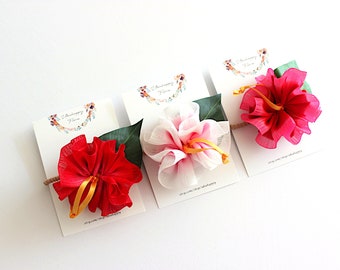 3ways hibiscus accessories(3pcs),Ponytail Holders, Women Hair Accessory, tropical accessory, tropical bows, Hawaii, ukulele, party favors,