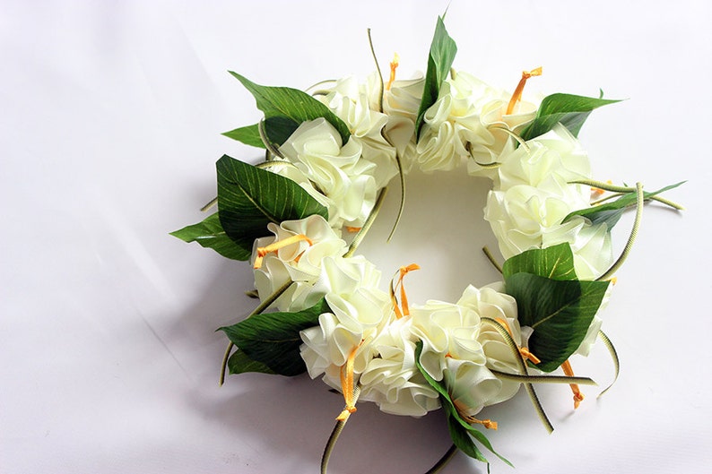 Ribbon lei for hula girls white hibiscus head band B /Hula Accessories/Hula Flowers/Hawaii/hawaiian crown/headband/haku/Flowers Hair Clip/ image 4