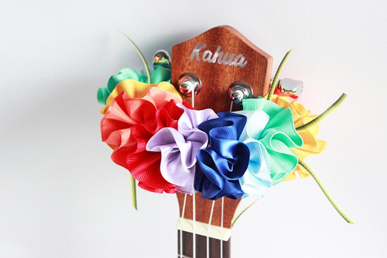 ukulele lei,ukulele strap,ribbon lei,ukulele accessories,uke,soprano ukulele case,hawaiian lei,tropical wedding,plumeria,hibiscus,rainbow A