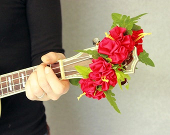 Ukulele lei / red hibiscus, Ukulele Accessories, Ukulele strap, Ukulele gift, Ukelele strap, ukulele case, uke, music gifts, music teacher,