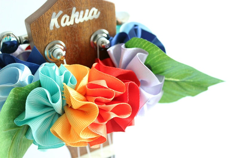 Ukulele lei / rainbow hibiscus, Ukulele gifts, Ribbon leis, Hawaiian crafts, Gift for Ukulele Player, Ukulele Decor, Uke, Ukulele Lover, image 3