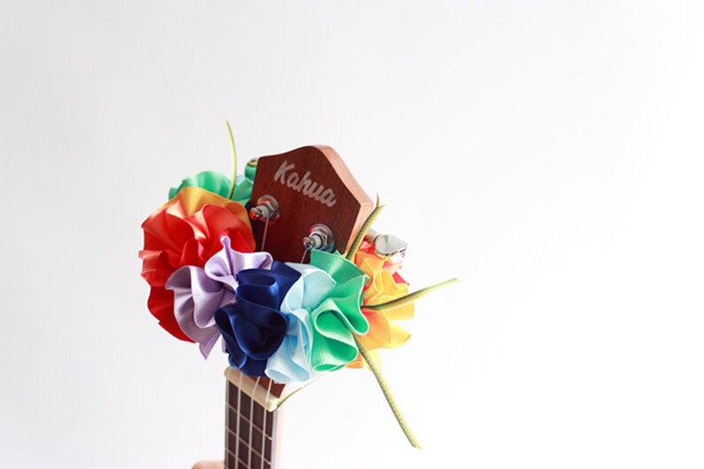 ukulele lei,ukulele strap,ribbon lei,ukulele accessories,uke,soprano ukulele case,hawaiian lei,tropical wedding,plumeria,hibiscus,rainbow A