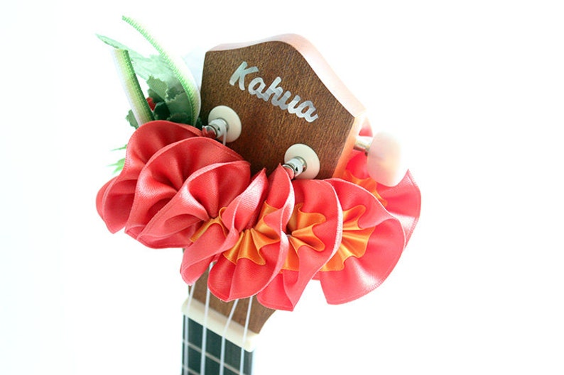 coral red plumeria ukulele lei,ukulele accessories,hawaiian lei,ukulele strap,ribbon lei,hawaiian wedding,tropical flower,floral wristband