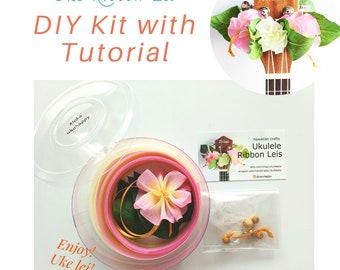 Ukulele ribbon leis DIY Kit with Tutorial | Craft Gift | Gift for Mums | Gift for her | Music Gift | Hawaiian Gift | Uke Decor | Hibiscus