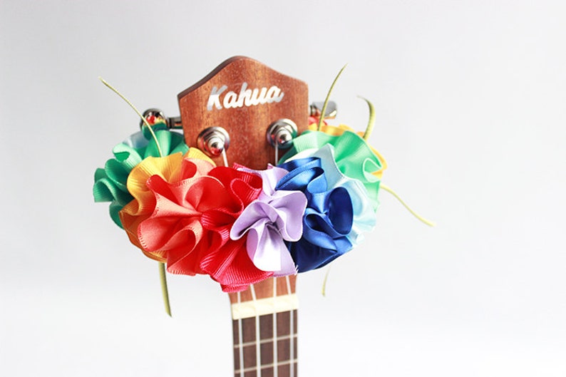 ukulele lei,ukulele strap,ribbon lei,ukulele accessories,uke,soprano ukulele case,hawaiian lei,tropical wedding,plumeria,hibiscus,rainbow A