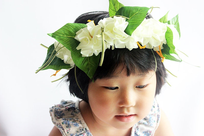 Ribbon lei for hula girls white hibiscus head band B /Hula Accessories/Hula Flowers/Hawaii/hawaiian crown/headband/haku/Flowers Hair Clip/ image 7