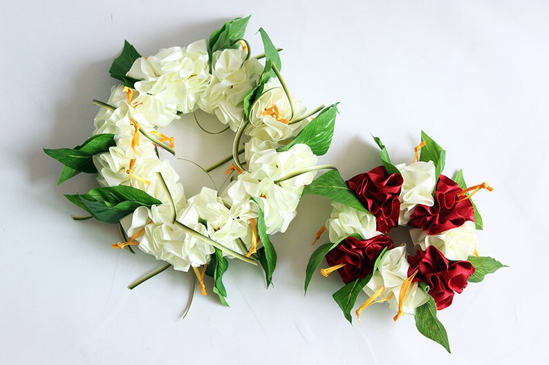 ribbon lei,tropical,corsage headband and wristband Hibiscus flower lei 2packs ,Hula Accessories,hawaiian crown,headband,haku,luau party