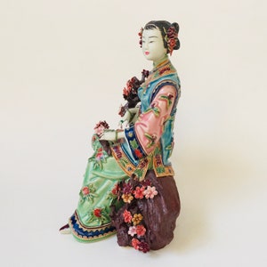 Vtg High Quality Handmade Qing Dynasty Style Girl Sitting on The Plum Tree Pottery Porcelain Ceramic Figurine 9" Tall Signed V-2