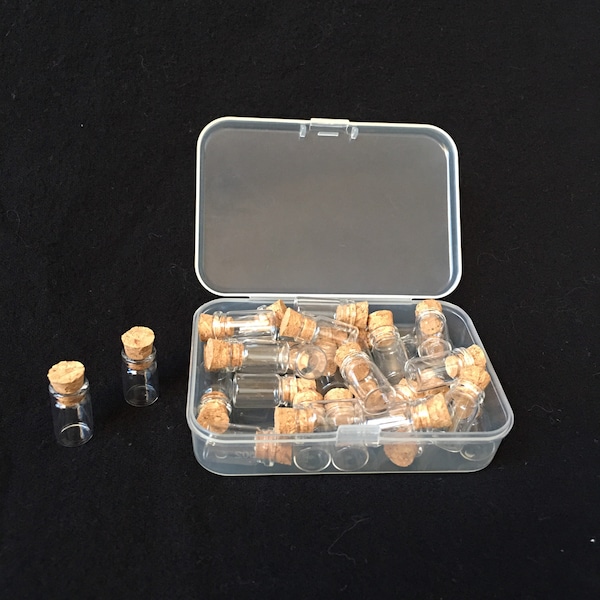 30 Mini Glass Bottle with Cork In Plastic Box , Miniature Clear Glass Jar , Tiny Glass Bottle (18mm x 12mm ) D-33
