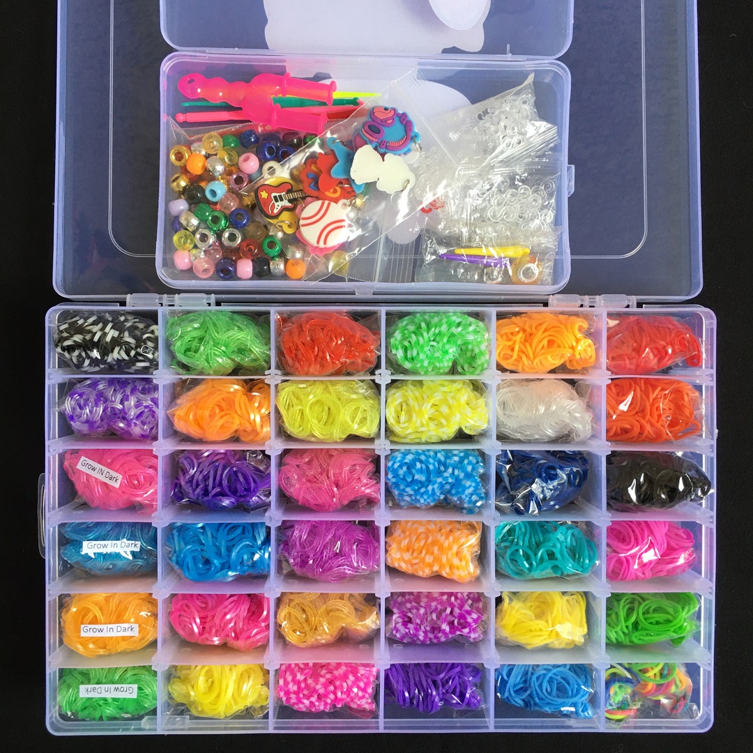 36 Colors 3600 Rubber Bands Clean /glitter /glow in Dark /charms / Crochets  /beads /chips for DIY Loom Bracelet Kit in Plastic Box D-14 