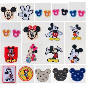 May include: A collection of embroidered iron-on patches featuring Mickey Mouse and Minnie Mouse in various poses and designs. The patches are colorful and include red, yellow, blue, black, white, and pink. Some patches feature the letter "M" in different colors.
