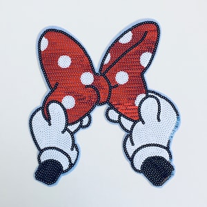 Large Minnie Bow Patch 11&quot;x 9&quot; Red & White Sequins Sew On Embroidered Patch For Clothing, Bags , Wall Decorative , DIY projects, Jacket F-84