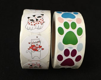1000 Uds. Etiquetas adhesivas de San Valentín con huellas de animales y gatos en forma de corazón (500 Uds. Etiqueta adhesiva con forma de gato en forma de corazón/500 Uds. Etiquetas adhesivas) D-68