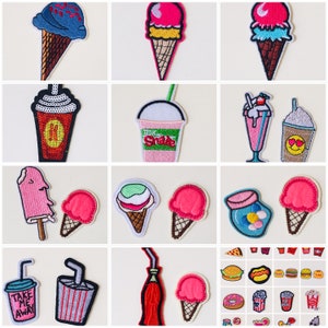 May include: A collection of colorful embroidered iron-on patches featuring various food and drink items, including ice cream cones, popsicles, milkshakes, and soda cups. The patches are perfect for adding a fun and quirky touch to clothing, bags, or other accessories.