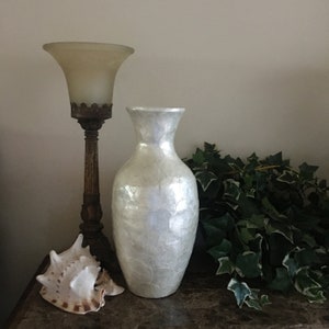 May include: A pearlescent white vase with a textured surface stands next to a vintage lamp with a frosted glass shade. A large seashell with brown and white markings rests on the table, with green foliage in the background. Home decor.