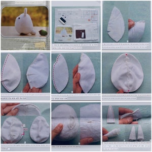 May include: A step-by-step guide on how to sew a white fabric bunny plushie. The instructions include images of each step, with red dotted lines indicating the stitching areas. The text in the image reads "ackstitch the side with the fork", "how dotted seam side", "sew the front and back body together along the periphery with back stitching, leaving a return on back front", and "cotton, hide the stitches and sew the opening".