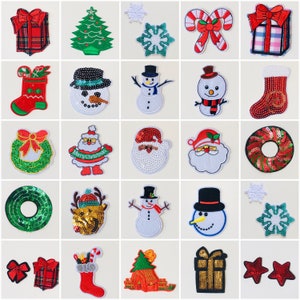 May include: A collection of 36 Christmas-themed iron-on patches. The patches feature various designs, including snowmen, Santa Claus, reindeer, Christmas trees, snowflakes, candy canes, and gift boxes. The patches are made of a variety of materials, including felt, sequins, and glitter.