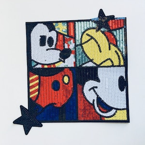 Handmade Large Mickey And Minnie Patch, Sequins Sew On Embroidered Patch 10” x 10” For Clothing, Bags , Wall Decorative , DIY projects F-36