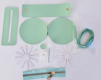 DIY Leather Purses Kit Baby green 4.75" , Make Your Own Fraud Leather Cross body flower Pattern Bag DIY Kit ( No instruction ) D-88