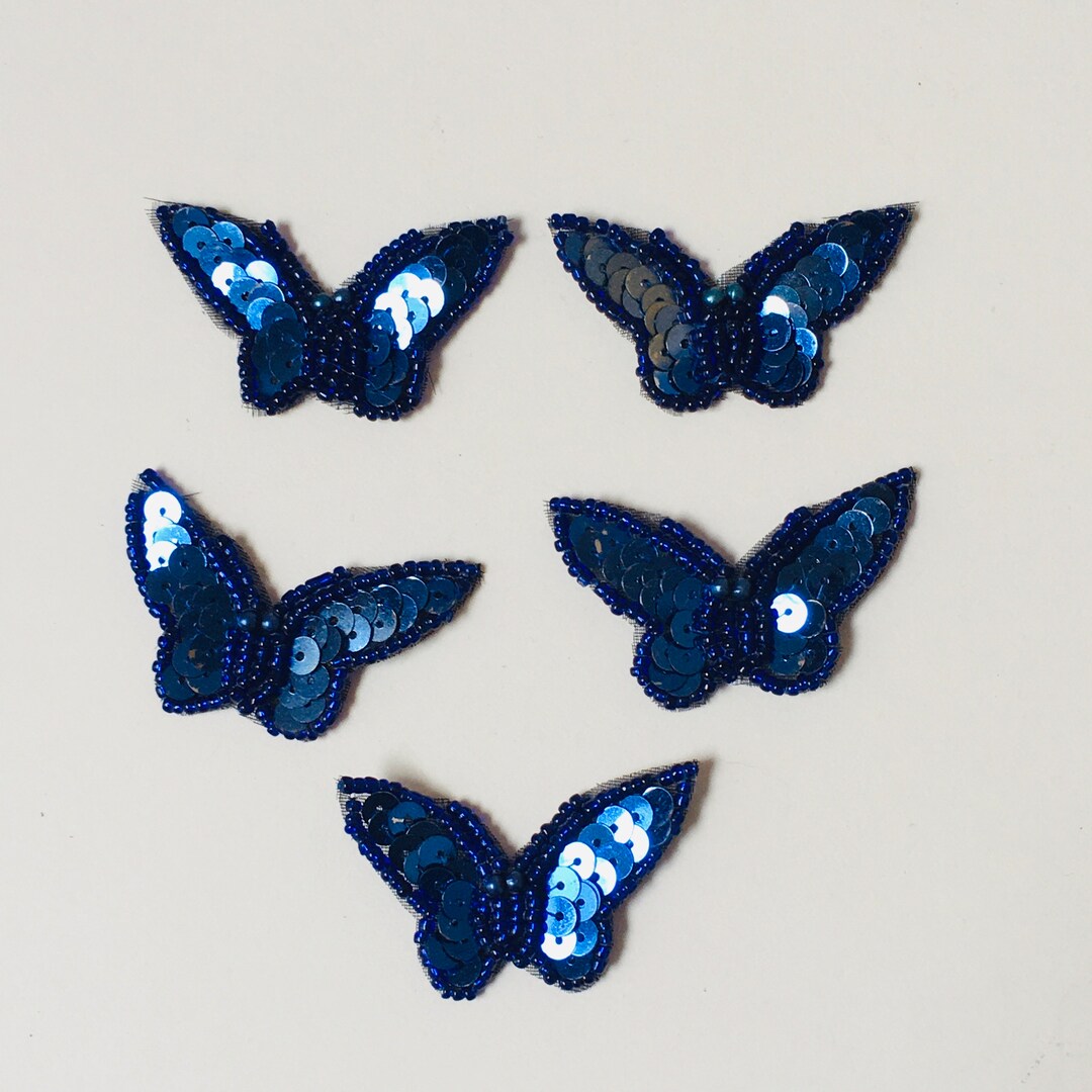 Sequin & Bead Butterfly Patch Dark Blue , Set of 8 Handmade Small