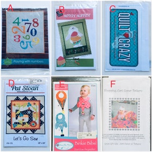 Lot Of 6 Quilt Pattern Design Fabric Plates, Playing With numbers, Let's Go Sew, Hippity Hoppity, Binkie Bibs, Shopping Cart Cover L-109