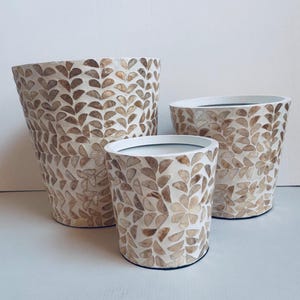 May include: Three white ceramic planters with a brown leaf pattern. The planters are different sizes and are arranged in a row from largest to smallest.