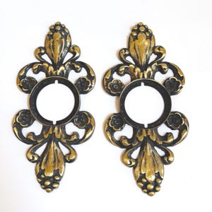 May include: Two ornate, antique brass-toned escutcheons with a floral and scroll design. Each has a central circular opening and a dark, aged finish, perfect for vintage furniture restoration or decorative projects.