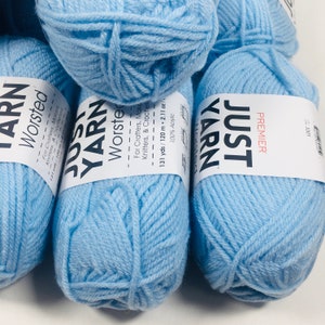 May include: A skein of light blue acrylic yarn labeled "Just Yarn" by Premier. The label says "Worsted" and "For Crafters, Makers, Knitters & Crocheters" and lists the yarn as 131 yards/120 meters and 2.11 ounces/100% acrylic.