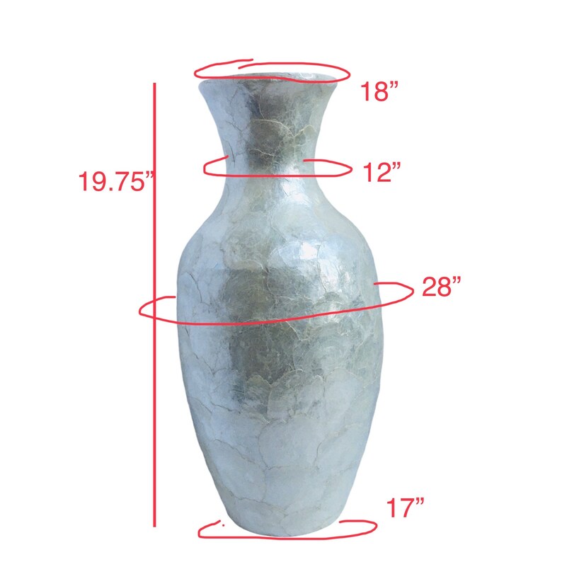 May include: A tall, pearlescent vase with a wide, flared top and a textured surface. The vase is approximately 19.75 inches tall, with a top diameter of 18 inches, a mid-section diameter of 28 inches, and a base diameter of 17 inches.