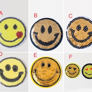 Handmade Sequin Happy Face Patch 6 Styles ( U Pick ) Sequin Iron On & Sew On Embroidered Patch 2.5-1.5 inch For Bags, Hat, Shoes, Clothing