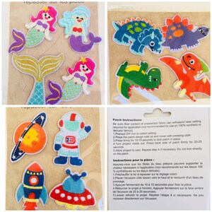 May include: Set of colorful iron-on patches featuring mermaids, astronauts, spaceships, and dinosaurs. The patches are perfect for adding a fun and whimsical touch to clothing, bags, or other fabric items.