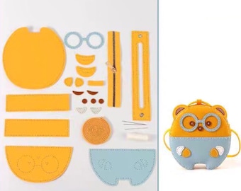 Make Your Own Fraud Leather Animal Bag Kit , DIY Bear Hand Bag Kit 7.5"x7" / Yellow & Blue Bear Cross Body Bag Kit D-45