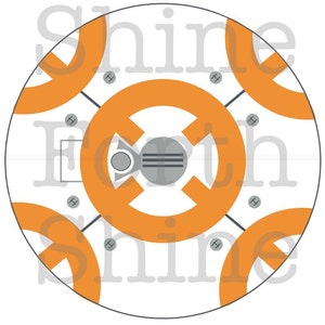 May include: Circular graphic design featuring a stylized orange and white robot design. The design includes orange circles, gray accents, and a central gray component. The word "Shine" is faintly visible in the background.