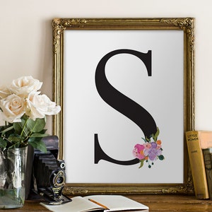 Custom Letter Printable Watercolor Floral Accent Monogram - home, nursery, office, black, white, floral wall print, art print,