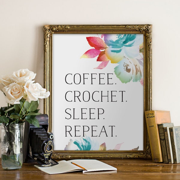 Crochet Knitting Art Print, Yarn, Coffee, Typography Poster Craft Room Wall Decor Ball of Yarn Needles Hobby, black white PDF JPEG