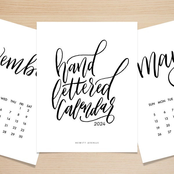 Large 2024 Printable Calendar, 8.5x11 Calendar, Hand lettered Black and White