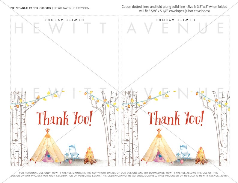 Camping Teepee Printable Thank You Folded Card 3.5x5 PDF - Etsy