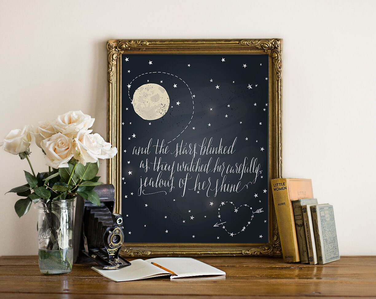 wall print Jealous of Her Shinehand-written calligraphy Peachpod Paperie Art Print And the Stars Blinked as They Watched Her star sky