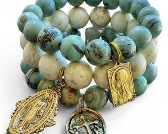 Agate & Magnesite Virgin Mary Reiki Healing Gemstone Bracelet Stack